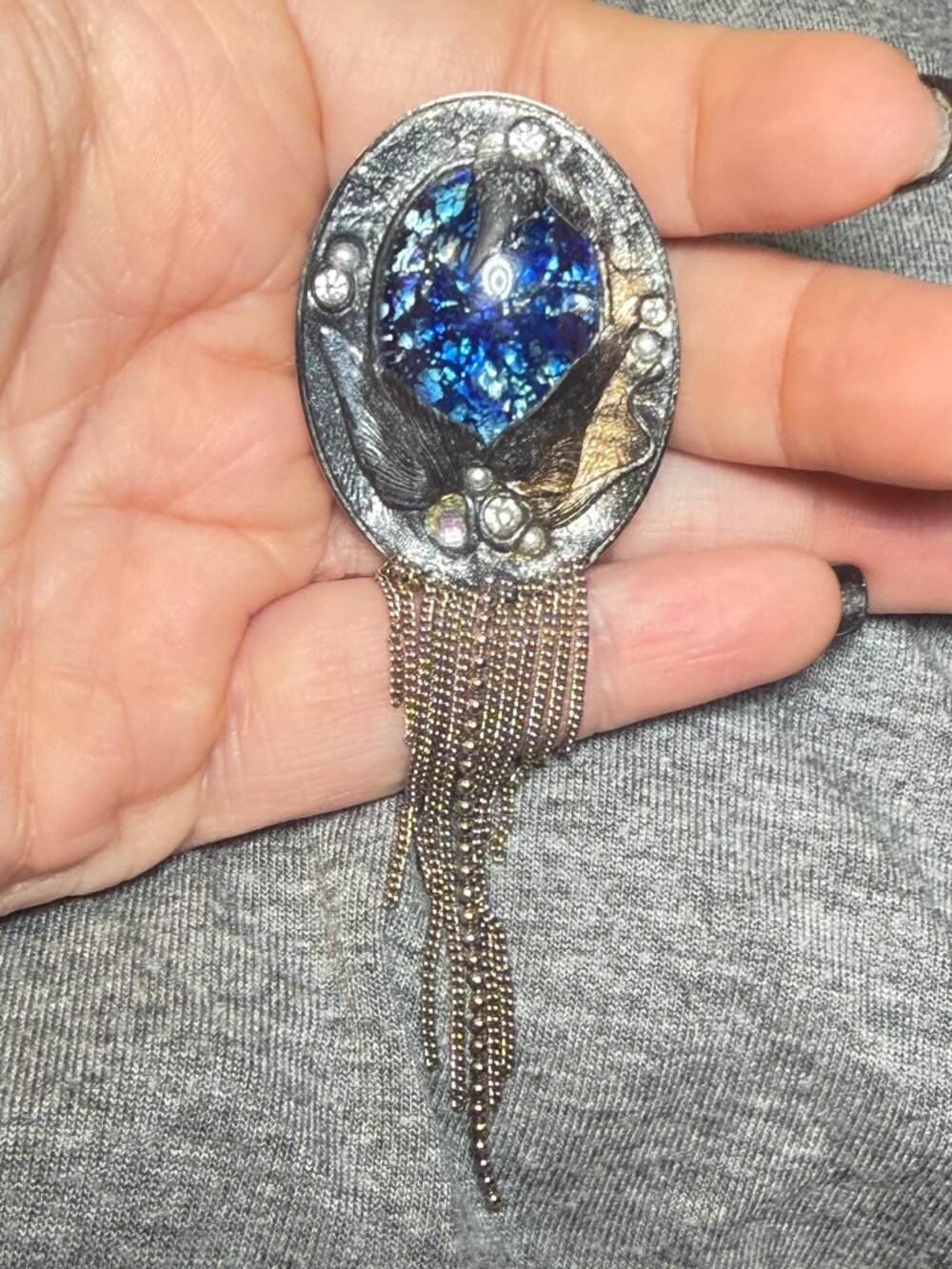 Vintage Artisan OOAK Blue Cabochon Dangle Brooch Statement Brooch
